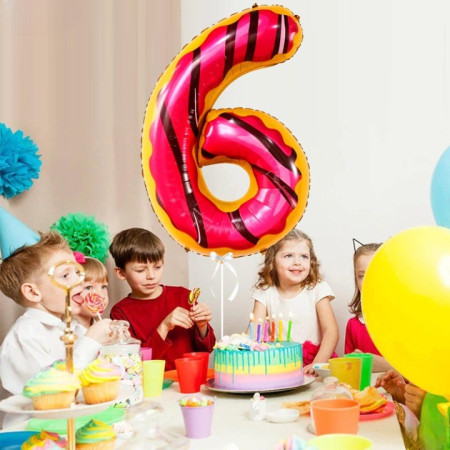 Balon din Folie Metalizata Cyrax, Figurina Cifra, Imprimeu Gogosi, Tema Aniversare 100 cm, Ambalaj Individual, Pai inclus, Umflare cu Aer sau Heliu, Multicolor, Cifra 6