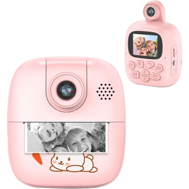 Camera Instantanee pentru Copii, Cyrax, Camera Frontala + Selfie, cu Functie de Printare, Cablu USB-C, Bluetooth, Compatibil iOS/Android, Imprimare APP, Model Bunny, Roz