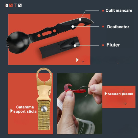 Kit supravietuire multifunctional 16 in 1  Instrumente profesionale, Agatatoare ghiozdan, pentru Camping, Drumetii, Aventuri in aer liber, borseta inclusa, negru