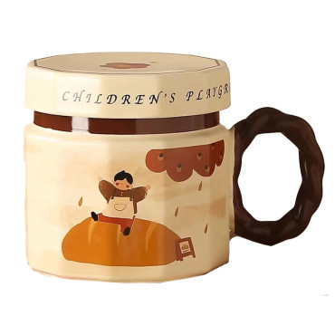Cana din ceramica, Cyrax, Cana pentru Cafea, Ceai, Cana Universala, Unisex, Cana cu Capac, 9 x 8 x 8 cm, 400 ml, Model Baietel Bej