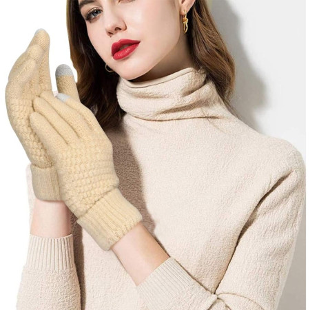 Manusi de Dama,  Functie Touchscreen (ecran tactil), Material Acril Tricotat, Manseta Elastica, Interior Catifelat, Marime Universala, Bej