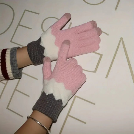 Manusi de Dama,  Model Ondulat, Functie Touchscreen (ecran tactil), Material Acril Tricotat, Manseta Elastica, Interior Catifelat, Marime Universala, Roz/Gri