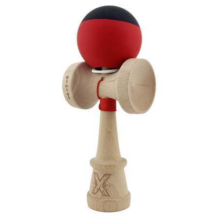 Kendama X Originala, Profesionala, Cyrax, Cupe Mari KING SIZE V3, Rubber Grip, Gaura in Baza, Rulment Metalic, din lemn 18 cm, Ata 62/65 cm, Bicolor Negru/Rosu