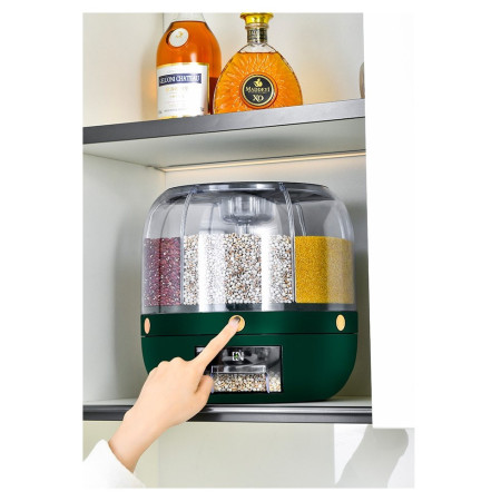Dozator de cereale Cyrax, rotativ 360, 6 compartimente, capacitate 6 L, rezistent la umezeala, inchidere etansa, verde