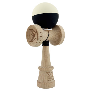 Kendama X Originala, Profesionala, Cyrax, Rubber Grip, Cupe Mari KING SIZE V3, Gaura in Baza, Rulment Metalic, din lemn 18 cm, Ata 62/65 cm, Bicolor Galben/Negru
