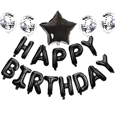 Set 25 de Baloane din Folie Metalizata si Latex, Cyrax, Figurine 2 Stele, 4 Baloane Confetti, 13 Litere, 6 Latex, Model Happy Birthday, Tema Aniversare, 40 cm, Ambalaj Individual, Pai Inclus, Umflare cu Aer sau Heliu, Negru