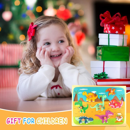 Puzzle Montessori din Lemn pentru Copii, Cyrax, 3D, 0-3 Ani, Model Dinozauri, Educativ, Intuitiv, Creativ, 8 Piese, 30x22.5x0.8 cm, Multicolor