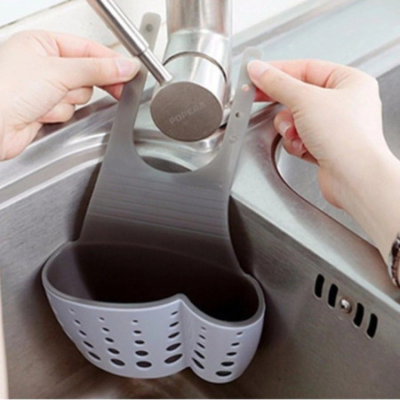 Suport Scurgere pentru Burete si Laveta de Vase Bucatarie, Cyrax, Albastru, Curea Reglabila, Plastic Flexibil, 15x 5x 21cm