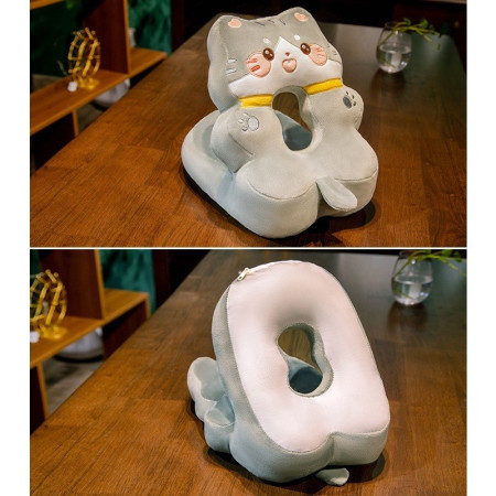 Perna din Spuma,  pentru Birou, Calatorii, Model Pisica, Lavabila, Umplutura de Bumbac, Spatiu Cap in Forma de 8, 30x35x30 cm, Gri