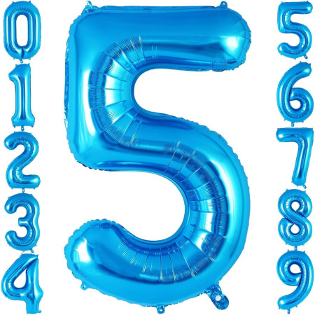 Balon din Folie Metalizata, Cyrax, Figurina Cifra, Tema Aniversare 100 cm, Ambalaj Individual, Pai inclus, Umflare cu Aer sau Heliu, Albastru, Cifra 5