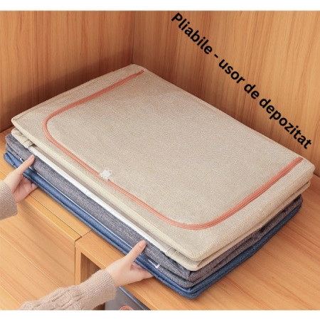 Cutie de Depozitare Pliabila,  66 L, din Bumbac si In, 33x40x50 cm, 2 Ferestre, Frontala si Laterala, 2 Usi de Acces cu Fermoar Bidirectional, Cadru Metalic, Suport Baza Stabil din Plastic, Roz Pudrat