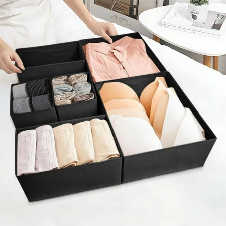 Organizator pentru Sertar,  3 Marimi, pentru Lenjerie, Tricouri, Sosete, 6 Piese, Pliabil, Stivuibil, din Tesatura, Negru