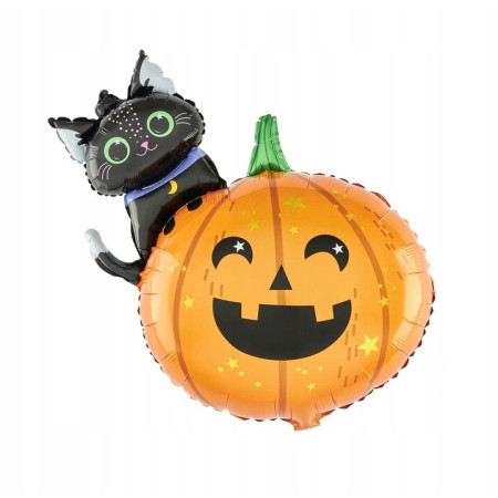 Set 5 Baloane din Folie Metalizata, Cyrax, Figurine, Tema Halloween, Pai Inclus, Ambalaj Individual, Umflare cu Aer sau Heliu, Figurina Dovleac si Pisica 84x69 cm, Stelute si Cerculete 45 cm, Multicolor