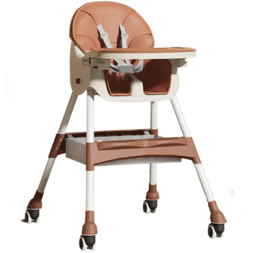 Scaun de masa pentru bebelusi si copii Cyrax, cu roti, telescopic, pliabil, masuta reglabila, suport picioare, scaun invelis piele artificiala, centura siguranta, spatiu depozitare, 97 x 73 x 65 cm, maro