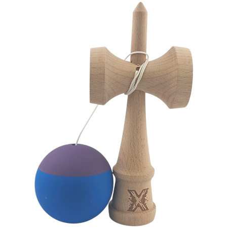 Kendama X Originala, Profesionala, Cyrax, din Lemn, Rubber Grip, 18 cm, Albastru/Mov