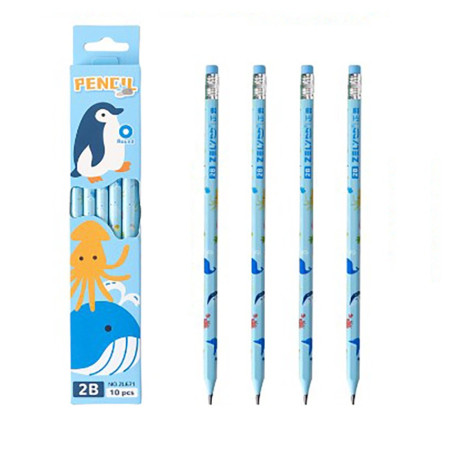 Set 10 Creioane Negre,  2B, pentru Elevi Scoala, cu Radiera, Model Albastru cu Pinguini