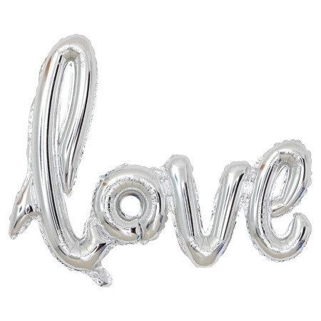 Cyrax Set Baloane din Folie Metalizata, Model Love Scris de Mana, 102x65 cm, Baloane Ziua Indragostitilor, Ambalaj Individual, Pai inclus, Umflare cu Aer sau Heliu, Argintiu