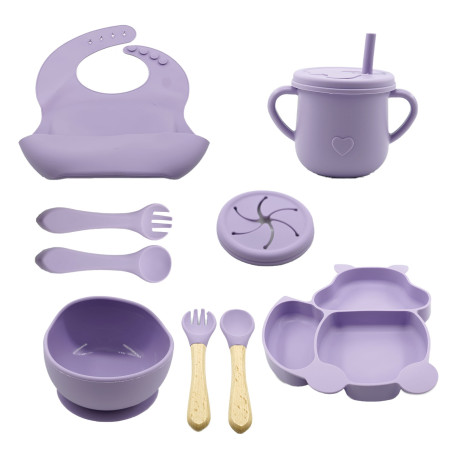 Set 10 piese diversificare bebelusi si copii din silicon Cyrax, baveta, farfurie compartimentata cu ventuza, bol cu ventuza, tacamuri din lemn si silicon, cana pentru gustari, fara alergeni, mov