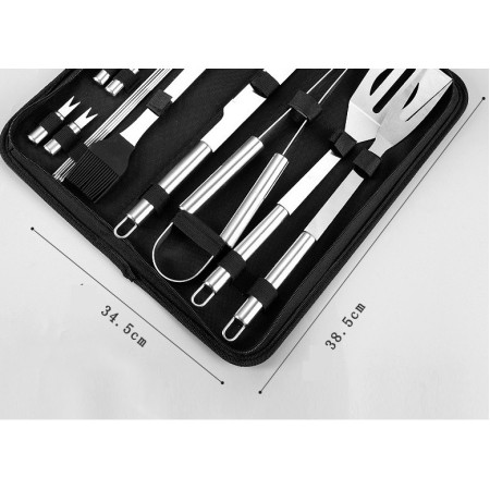 Set 20 Ustensile pentru Gratar, Cyrax, din Otel Inoxidabil, Geanta Oxford, Argintiu