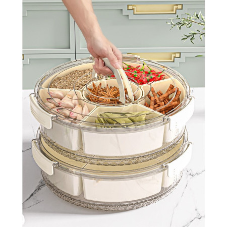 Cutie de Depozitare pentru Alimente, Cyrax, cu 6 Compartimente, pentru Condimente, Fructe, Legume, cu Manere de Prindere, Rotativa 360 de Grade, Inchidere Ermetica, 32x10 cm, Alba