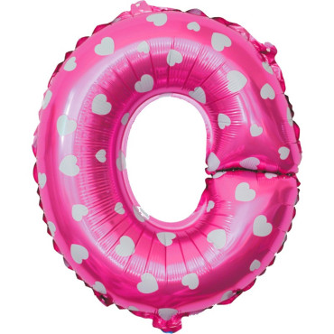 Balon Folie Metalizata Litera O, Cyrax, 40 cm, Cu Imprimeu Inimioare, Umflati cu Heliu sau Aer, Ambalaj Individual, Pai inclus, Roz