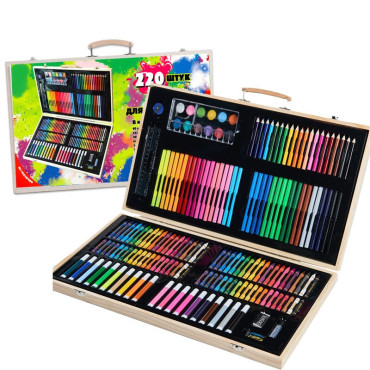 Set 220 Piese pentru Desen si Pictura, Cyrax, Tip Servieta din Lemn, Model Natur, 48 x 30 x 5 cm, Multicolor