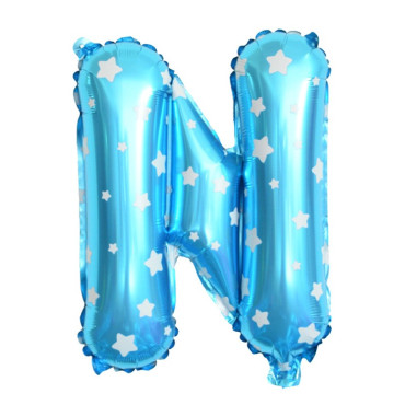 Balon Folie Metalizata Litera N, Cyrax, 40 cm, Cu Imprimeu Stelute, Umflati cu Heliu sau Aer, Ambalaj Individual, Pai inclus, Albastru