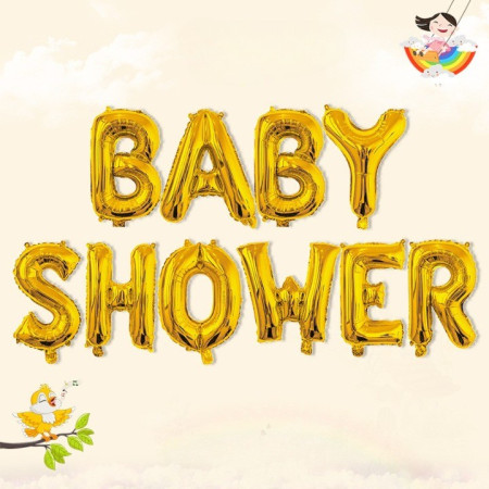 Set Baloane din Folie Metalizata, Cyrax, Model Baby Shower, Litere de 40 cm, Baloane Party, Ambalaj Individual, Pai, Ata si Adeziv Incluse, Umflare cu Aer sau Heliu, Auriu