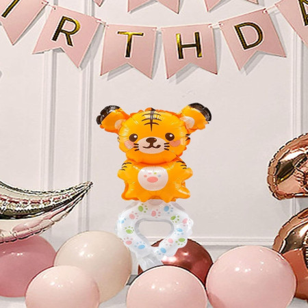 Balon din Folie Metalizata, Cyrax, Figurine Animalute, Tip Bratara, Model Tigru, 17x34 cm, Ambalaj Individual, Pai Inclus, Umflare cu Aer sau Heliu, Maro