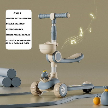 Trotineta Multifunctionala 3 in 1, Cyrax, pentru Copii, 1-7 Ani, cu Lumini si Muzica, Reglabil 360, Pliere Usoara, Reglarea Inaltimii, Model Dinozaur, Bej/Albastru