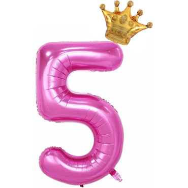 Balon din Folie Metalizata Cyrax, Figurina Cifra si Coroana, Tema Aniversare 100 cm, Ambalaj Individual, Pai inclus, Umflare cu Aer sau Heliu, Roz, Cifra 5