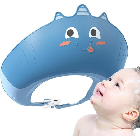 Casca de Dus, Cyrax, Previne Scurgerea Apei si Samponului pe Fata, 0-12 Ani, Ajustabila, din TPE+PP, 20 x 23 cm, Model Unicorn, Albastru