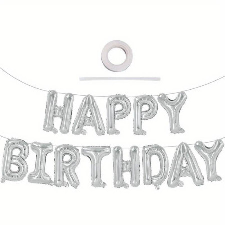 Set 25 de Baloane din Folie Metalizata si Latex, Cyrax, Figurine 2 Stele, 4 Baloane Confetti, 13 Litere, 6 Latex, Model Happy Birthday, Tema Aniversare, 40 cm, Ambalaj Individual, Pai Inclus, Umflare cu Aer sau Heliu, Argintiu