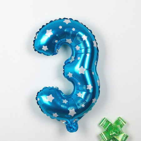 Balon din Folie Metalizata Cyrax, Figurina Cifra, Imprimeu Stele, Tema Aniversare 80 cm, Ambalaj Individual, Pai inclus, Umflare cu Aer sau Heliu, Albastru, Cifra 3