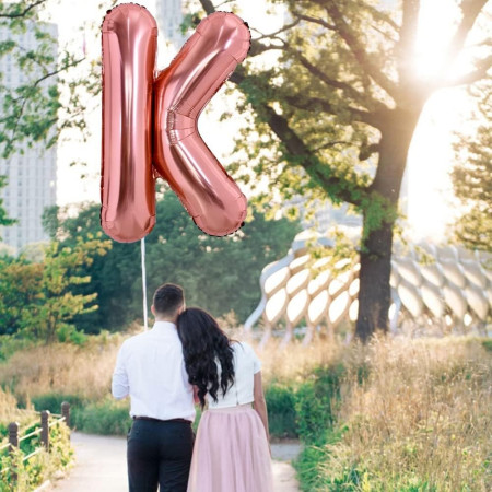Balon Folie Metalizata Litera K, Cyrax, 80 cm, Umflati cu Heliu sau Aer, Ambalaj Individual, Pai inclus, Rose Gold
