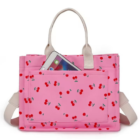 Geanta de Mana/Umar, Multifunctionala,  Inchidere cu Capsa, Imprimeu Cirese, Material Textil, 33.5 x 25 x 14.5 cm, Roz