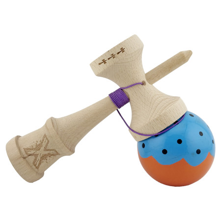 Kendama X Originala, Profesionala, Cyrax, Big Cups V2, Super Sticky cu Cupe Mari, din lemn 18 cm, Rulment Metalic cu Ata 55 cm, Albastru/Portocaliu