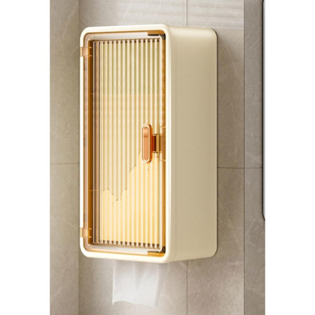 Organizator Cosmetice,  Montare pe Perete fara Perforare, 36.5x10.9x20 cm, din PP si ABS, Bej, Usa Transparenta