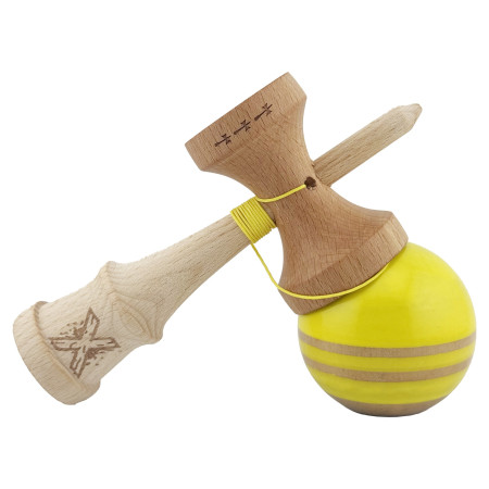 Kendama X Rainbow Originala, Profesionala, Cyrax, Big Cups V2, Super Sticky cu Cupe Mari, Rulment Metalic, din lemn 18 cm, Ata 55 cm, Galben/Maro