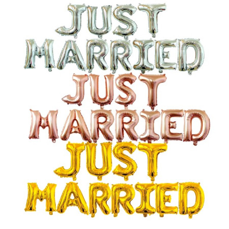 Set Baloane din Folie Metalizata, Cyrax, Model Just Married, Litere de 40 cm, Baloane Party, Ambalaj Individual, Pai, Ata si Adeziv Incluse, Umflare cu Aer sau Heliu, Argintiu
