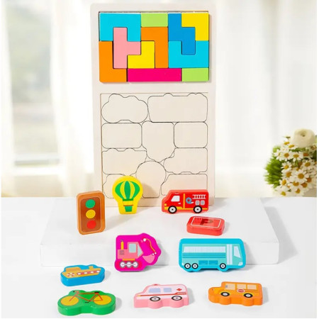 Puzzle Montessori din Lemn pentru Copii, Cyrax, Tip Tetris 2in1, +3 Ani, cu Masini Colorate 3D, Educativ, Intuitiv, Creativ, 21 de Piese, 28.5x17x1.2 cm, Multicolor