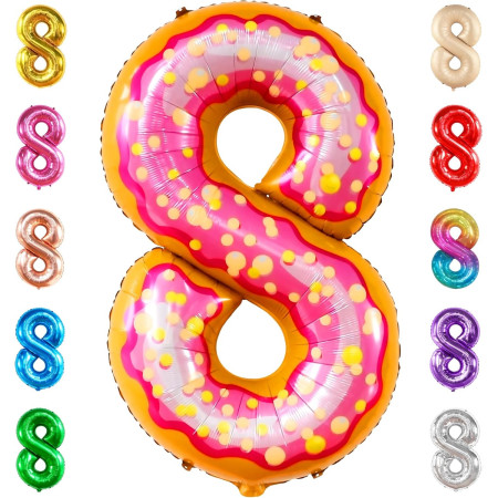 Balon din Folie Metalizata Cyrax, Figurina Cifra, Imprimeu Gogosi, Tema Aniversare 100 cm, Ambalaj Individual, Pai inclus, Umflare cu Aer sau Heliu, Multicolor, Cifra 8