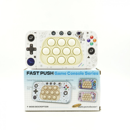 Jucarie interactiva tip consola pentru copii Cyrax, speed push whack-a-mole, joc de viteza pop it, material ABS/silicon, cu nivele, sunete si lumini, 15.5 x 7.6 x 5.3 cm, model astronaut, alb