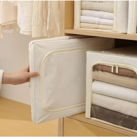 Cutie de Depozitare,  56L, din In si Bumbac, Pliabila, Cadru din Otel, 53 x 35 x 30 cm, Kaki