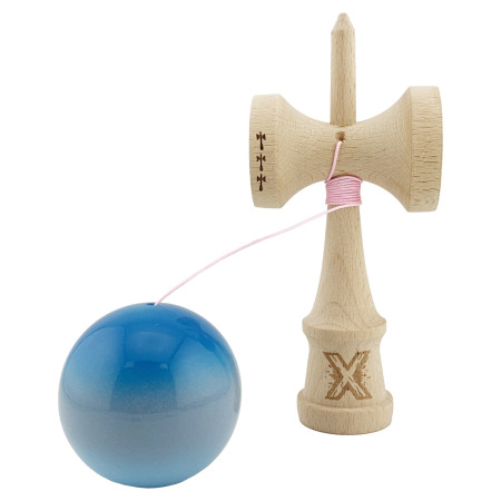 Kendama X Originala, Profesionala, Cyrax, Big Cups V2, Super Sticky Cupe Mari, Rulment Metalic cu Ata 55 cm, Albastru/Gri/Bleu