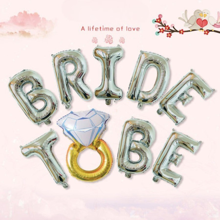 Set Baloane din Folie Metalizata, Cyrax, Model Bride to Be cu Inel de Logodna, Litere de 40 cm, Baloane Party, Ambalaj Individual, Pai Inclus, Umflare cu Aer sau Heliu, Argintiu