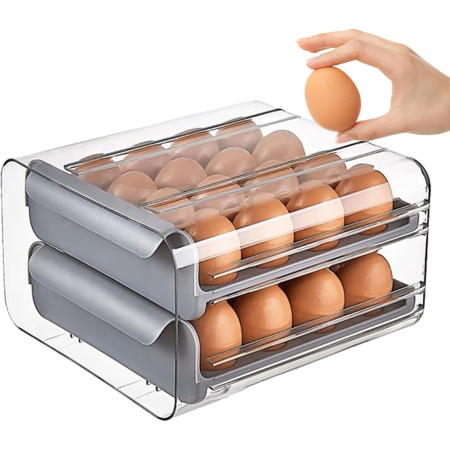 Suport pentru Oua, Cyrax, Strat Dublu, Capacitate 32 de Oua,  23.5x21.5 cm, din Plastic, Gri