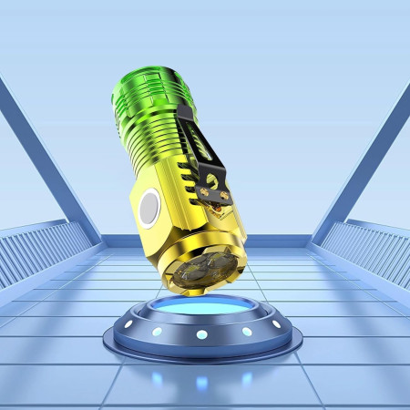 Lanterna cu 3 Nuclee Led,  Incarcare USB, Autonomie 4-20h, Raza Maxima 100-200 m, 5W, 4 x 4 x 9 cm, Suport de Agatat, Fund Magnetic, Galben/Verde