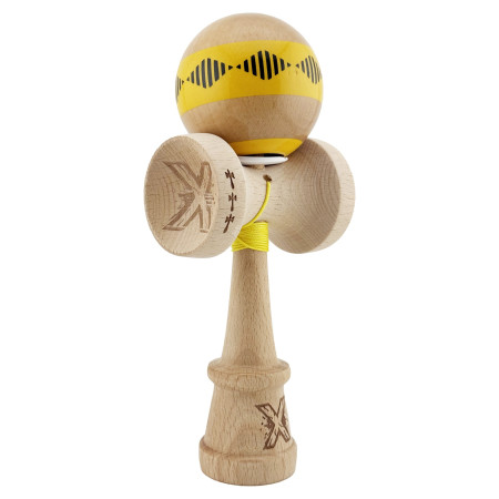 Kendama X Originala FREQUENCY, Profesionala, Cyrax, Cupe Mari KING SIZE V3, Super Sticky, Gaura in Baza, Rulment Metalic, din lemn 18 cm, Ata 55 cm, Galben/Maro