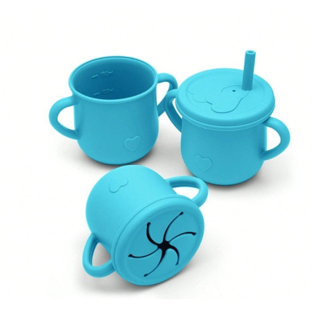 Set 10 Piese Servire Masa. Cyrax, pentru Bebelusi si Copii, din Silicon/Lemn, cu Ventuze Anti-alunecare, fara Alergeni. +6 Luni, Model Elefant, Albastru